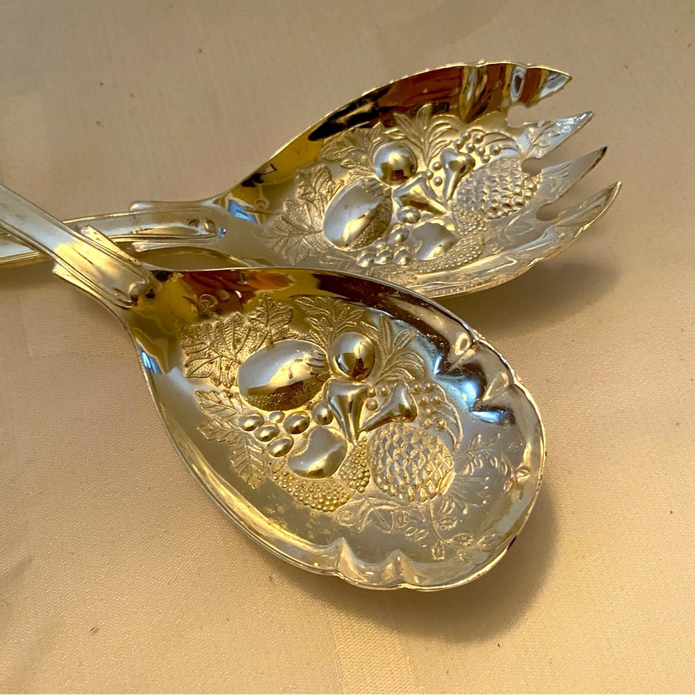 Vintage Italian Silver Plated Salad Serving Cutlery Embossed With Fruit